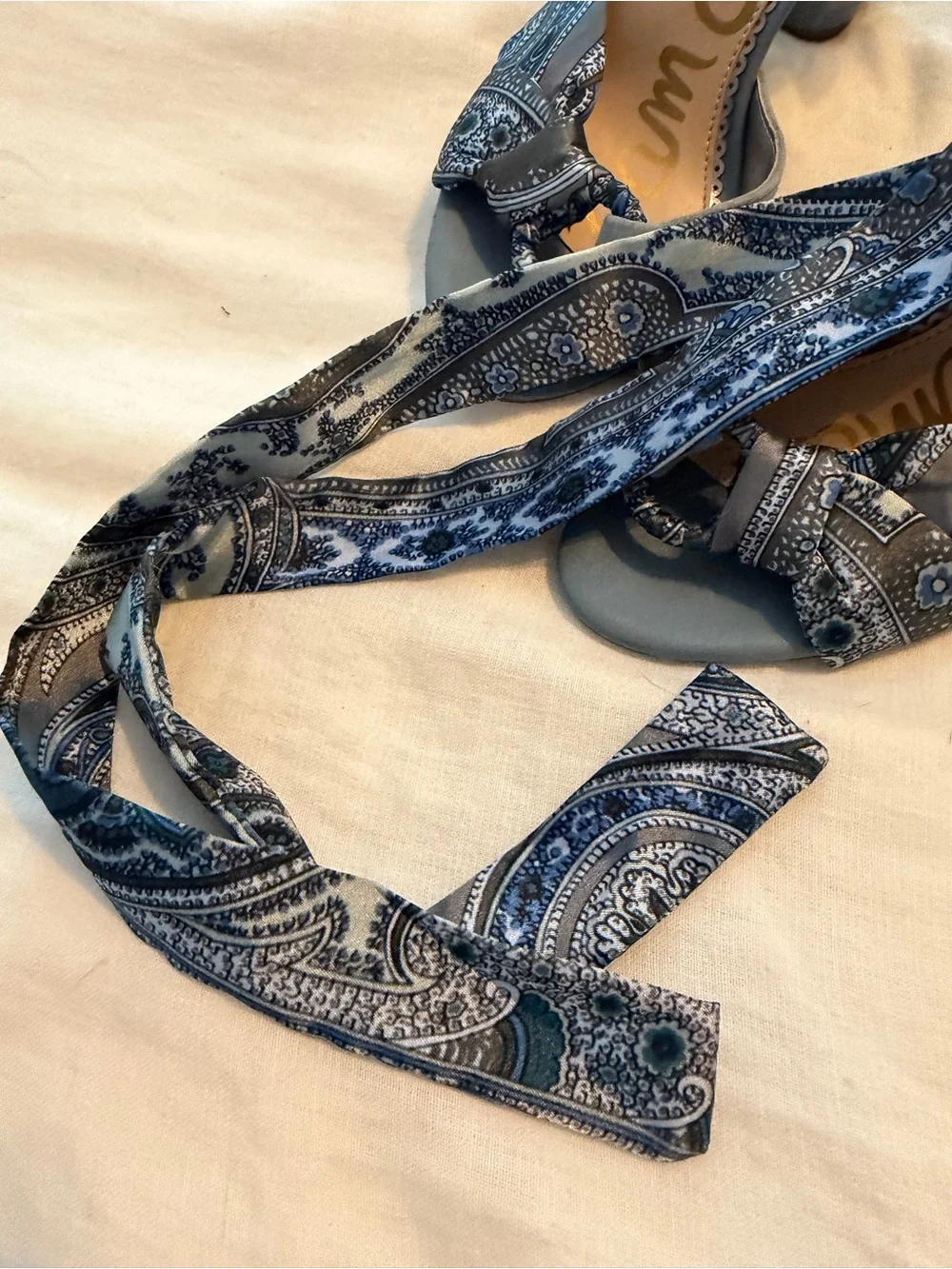Sam Edelman Blue Paisley Ankle-Tie Block Heels